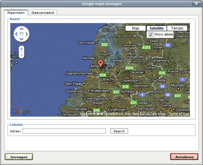 Editor voor tekstvakken Google maps Voeg een Google maps kaartje toe aan de content. Daarbij is het ook mogelijk om een punt te markeren op de kaart. Voer een adres in bijv. Amsterdam, Nederland.
