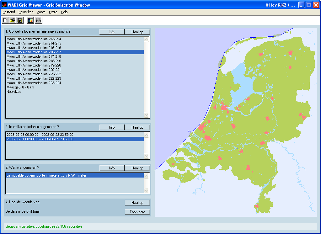 Figuur 6: Data selectiescherm. Dit scherm is operationeel als onderdeel van de website www.waterplan.
