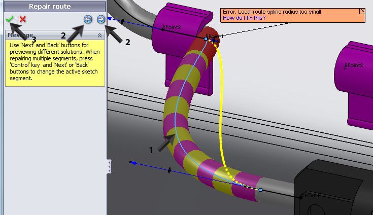 50 Nu verschijnt een foutmelding. SolidWorks ziet dat er een te scherpe bocht in de kabel zit, en dat kan niet. Klik in de CommandManager op Repair Route 51 1.