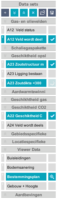 5 Datalagen In Figuur 4 wordt het navigatiepaneel getoond (1 t/m 4) en worden enkele datalagen getoond met alle bijkomende condities waarin een datalaag kan verkeren (5 t/m 9).