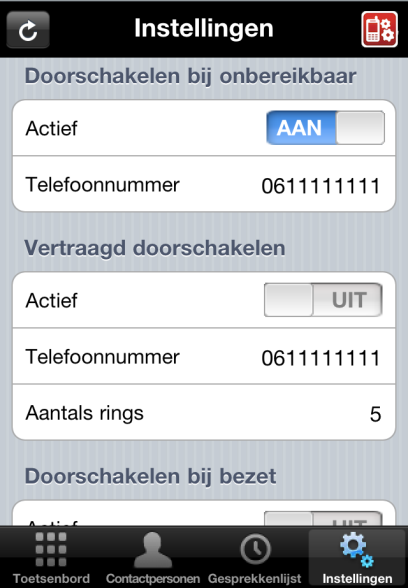 4.6 Altijd Doorschakelen De functie altijd doorschakelen schakelt alle inkomende oproepen direct door naar een ingesteld telefoonnummer. 1. Vul het telefoonnummer in waarnaar u wilt doorschakelen 2.