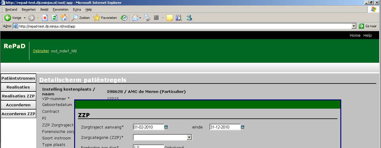Voor zorginstellingen die géén ZZP patiënten hebben, is dit scherm niet relevant.