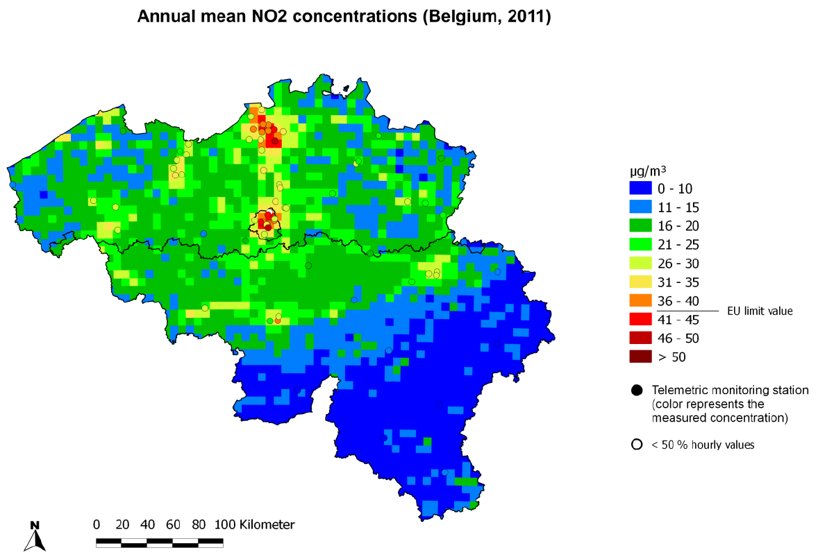 Pagina 62 van 112 BE01120011550120 In Figuur 11-1 wordt een overzicht gegeven van de geïnterpoleerde luchtkwaliteit voor het Belgische grondgebied voor de parameter NO 2 voor het referentiejaar 2011.