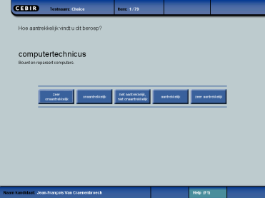 Beroepskeuzeoriëntatie (Choice) Beroepskeuzeoriëntatie (Choice) Beroepsoriëntaties Normscore (stanine) Ruwe score Praktisch- technisch 6 (hooggem.) 39 Wetenschappelijk 6 (hooggem.) 43 Creatief 5 (gem.