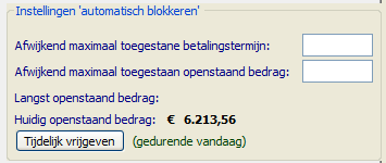 'Maximaal toegestane betaaltermijn'. Hier vult u een termijn in dagen in. Elke klant die een order heeft waarop deze termijn is overschrijden komt nu op de lijst van te blokkeren klanten.