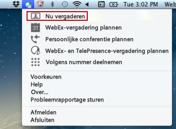 Hoofdstuk 2: Nu vergaderen met WebEx Een directe vergadering starten vanuit de werkbalk U kunt ook een directe vergadering starten vanuit de Mac-werkbalk 1 Selecteer het WebEx-balpictogram op uw