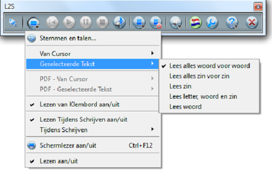 28 Lezen Lees woord Plaats de cursor voor of binnen een woord. Het woord zal worden opgelezen en gemarkeerd.