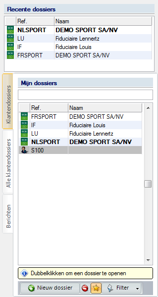Beheer van de klantendossierlijsten Beheer van de klantendossierlijsten Linkergedeelte van het Centraal beheer van de Dossiers Deze zone is bedoeld voor het vergemakkelijken van de keuze en het