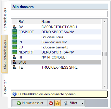 Deel 4 -Manipulatie van de klantendossiers Alle klantendossiers Linkergedeelte van het Centraal beheer van de Dossiers Alle klantendossiers Om een klantendossier uit de lijst Alle klantendossiers te