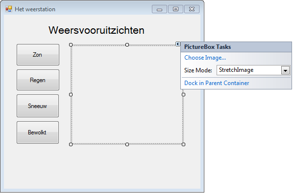 Voor we gaan programmeren stellen we de Size Mode van de PictureBox nog even in op Stretch Image. Dit houdt in dat een afbeelding in de Picturebox tot maximale grootte uitgerekt wordt.