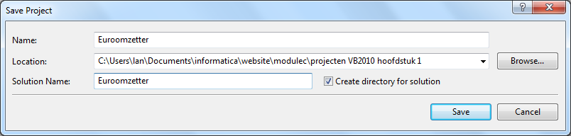 1.7 Een Visual Basic project opslaan Kies voor File / Save All uit de menubalk om het project op te slaan. Verzin zelf een passende naam. Sla het bestand op in je eigen map!
