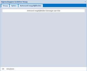 Figuur 41: antwoordopties in de tree In het laatste tabblad van de eigenschappen van een gesloten vraag is het mogelijk om aan te geven of de antwoordopties als losse elementen aan de tree worden