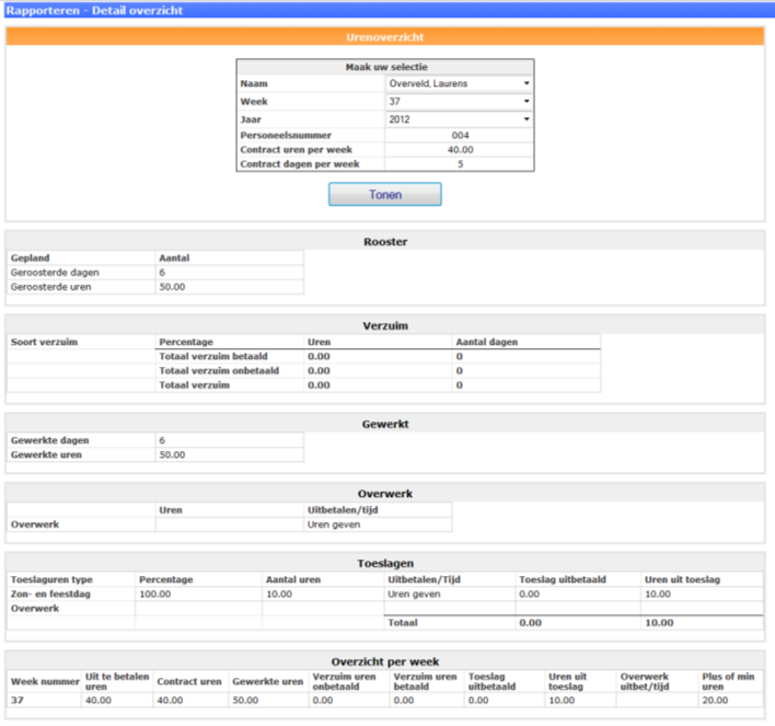 Contract dagen per week; Geroosterde dagen; Geroosterde uren; Soorten verzuim indien aanwezig; Gewerkte dagen; Gewerkte uren; Overwerk en of dat uitbetaald moet worden of tijd voor tijd; Toeslagtypes