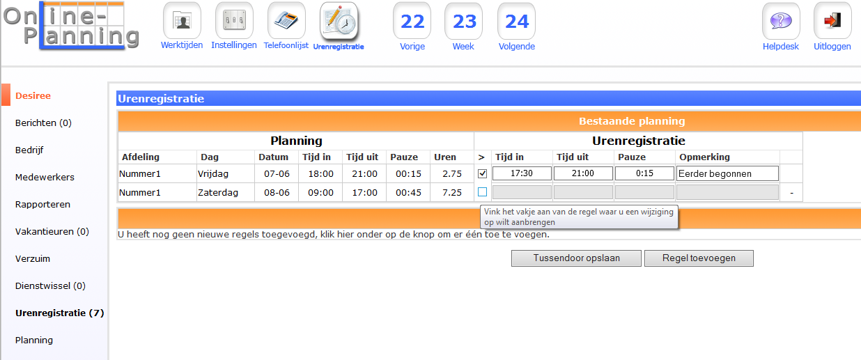 11 Urenregistratie De module Urenregistratie is een module waarmee medewerkers na de gewerkte dienst zelf de afwijkingen van de gewerkte tijden op de bestaande planning door kunnen geven en/of nieuwe
