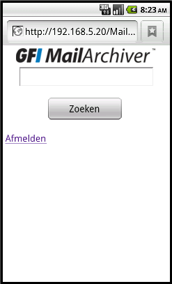Schermafbeelding 6: GFI MailArchiver-startpagina voor smartphones In de mobiele gebruikersinterface wordt dezelfde taalinstelling gebruikt als de taalinstelling die door de gebruiker in GFI