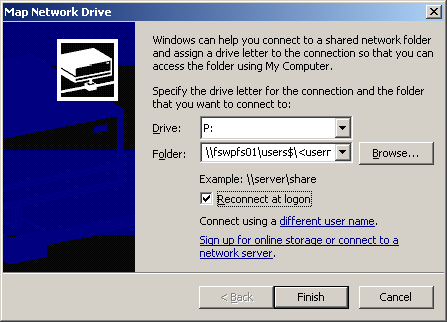 o De P-schijf koppelen gaat op soortgelijke manier, alleen vult u bij Folder in: \\fswpfs01\users$\<username> met uw inlognaam op de