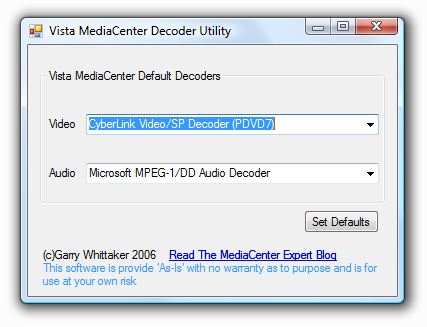 Met de handige Vista Media Center Decoder utility kun je aangeven dat Media Center gebruik moet maken van de MPEG2 decoder van PowerDVD.