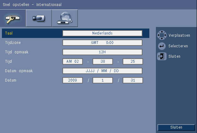 20 nl Snel installeren 400 Serie Harddisk-recorder 3.3 Menu Snel installeren Het menu Snel installeren bevat drie tabbladen: Internationaal, Continu opnemen en Netwerk.