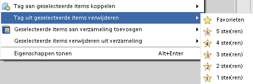 6 Tags verwijderen van foto's Doe één van de volgende dingen (welkeen hangt af van de weergave waar je op dat moment in zit): 9.6.1 Een tag van één foto verwijderen (als je in de miniatuurweergave zit): 1) klik met de rechtermuisknop op de foto 2) kies Tag verwijderen 3) klik op de naam van de tag die je wilt verwijderen 9.