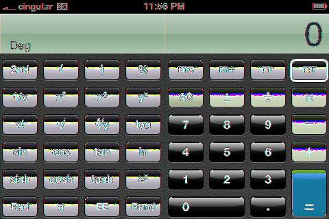 Toetsen van de wetenschappelijke rekenmachine Als u de iphone een kwartslag draait, wordt de wetenschappelijke rekenmachine weergegeven.