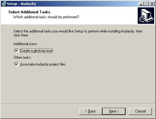 De Setup Wizard zal automatisch een folder genaamd "Audacity" maken in je "Program Files/programma's" map. Als dit is wat je wilt: Klik op "Volgende".