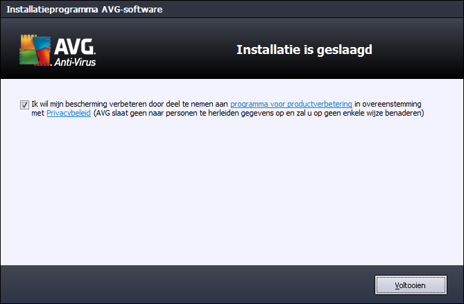 3.8. Installatie voltooid Het dialoogvenster Installatie voltooid vormt de bevestiging van het feit dat AVG Anti-Virus 2012 is geïnstalleerd en geconfigureerd: Programma voor productverbetering Hier