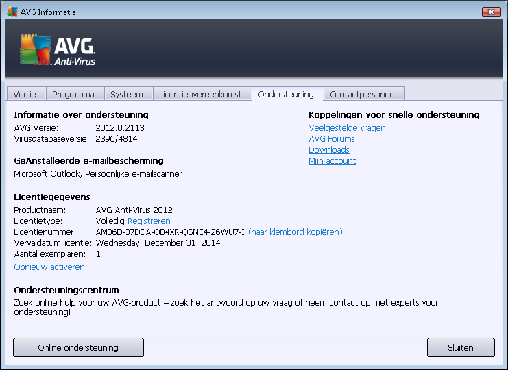 14. Veelgestelde vragen en technische ondersteuning Als u op problemen met betrekking tot de verkoop of op technische problemen met uw AVG AntiVirus 2012 -toepassing stuit, kunt u op verscheidene