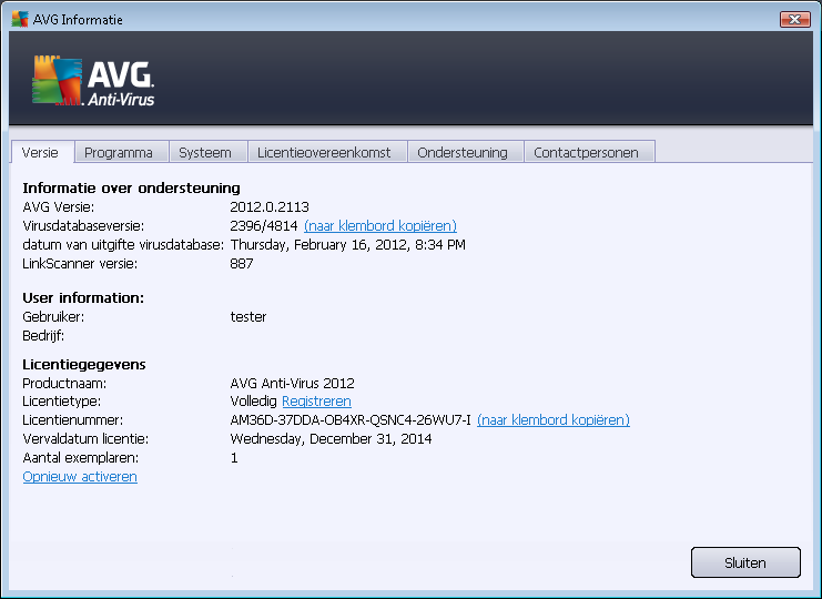 het tabblad Versie is verdeeld in drie secties: Informatie over ondersteuning - Deze sectie biedt informatie over de AVG Anti-Virus 2012 versie, de virusdatabaseversie, de Antispam-databaseversie en