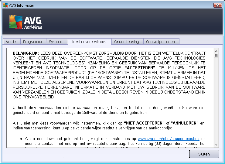 Op het tabblad Licentieovereenkomst wordt de volledige tekst van