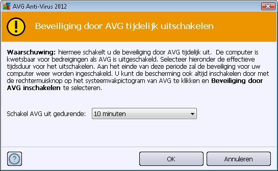 keuze door op de knop Toepassen te drukken. Stel in het dialoogvenster Beveiliging door AVG tij delij k uitschakelen dat wordt geopend in hoelang u AVG Anti-Virus 2012 wilt uitschakelen.