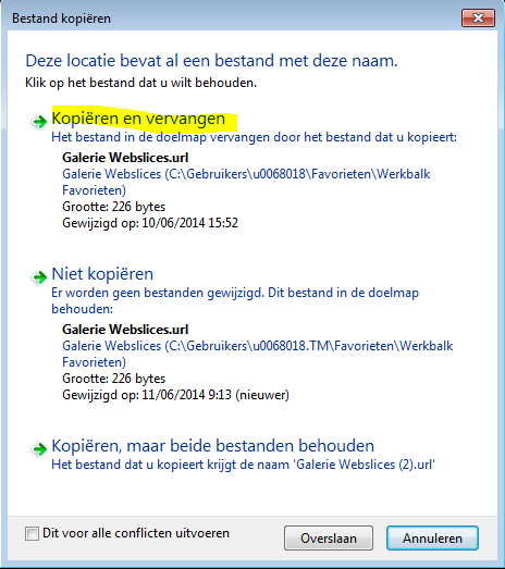 Er verschijnt en waarschuwing mdat bepaalde bestanden al bestaan.