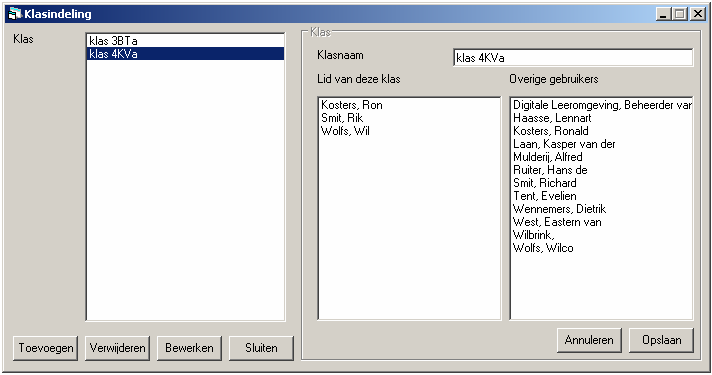 4.3 Klas indeling Ga naar menu Beheer om klassen toe te voegen klik op Klas indeling Klik in onderstaand scherm op toevoegen voer de nieuwe klasnaam in.