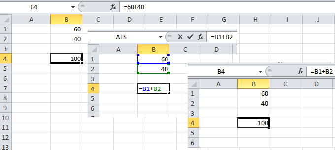 5.2.1. Optellen met celverwijzing Typt u eens 60 in cel B1 en 40 in cel B2. Om deze beide getallen op te tellen kunt u in B4 de formule = 60+40 typen.