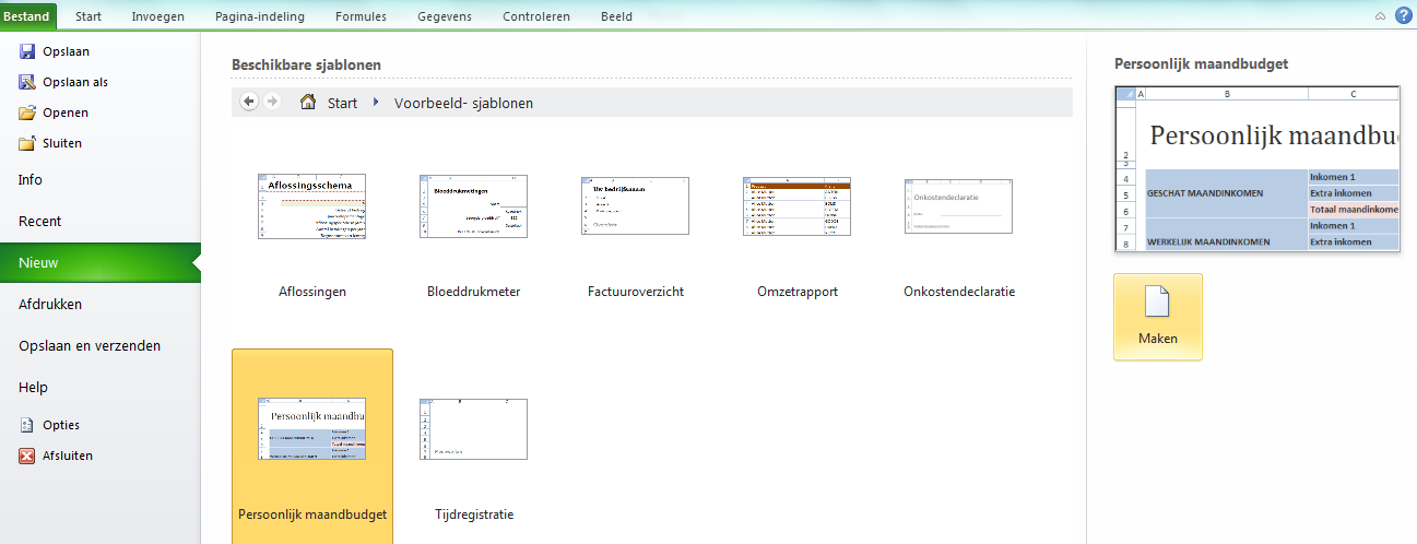 1.8. Sjablonen Excel biedt een groot aantal sjablonen aan. Dat zijn werkmappen die al volledig zijn ingericht en waar de opmaak en formules al in staan.