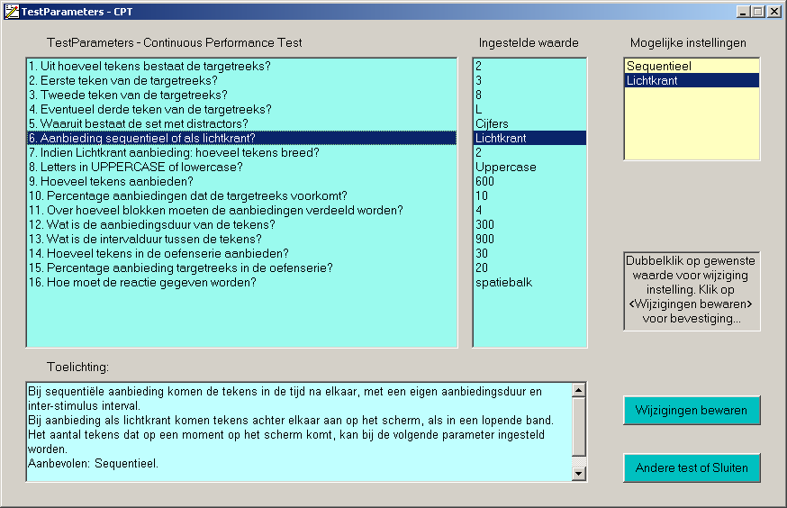 Wijziging testparameters.