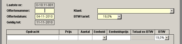 OFFERTEN Nieuwe offerte opstellen Ga naar 'offerten > nieuwe offerte'. Hier kan men een nieuwe offerte opstellen (let op: er kunnen geen offerten gewist worden!). De gele vakken zijn verplicht!