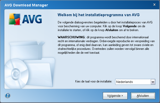 4. AVG Download Manager AVG Download Manager is een eenvoudig hulpprogramma voor het selecteren van het juiste installatiebestand voor uw AVG-product.