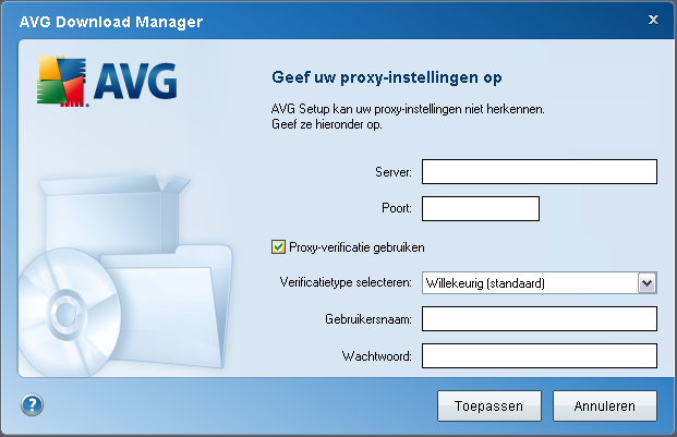 4.3. Proxy-instellingen Als AVG Download Manager er niet in is geslaagd uw proxy-instellingen te achterhalen, zult u die handmatig moeten opgeven.