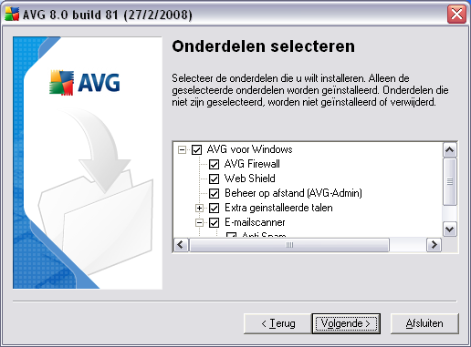 5.7. Aangepaste installatie - Onderdelen selecteren In het dialoogvensteronderdelen selecteren staat een overzicht van alle AVG onderdelen die kunnen worden geïnstalleerd.