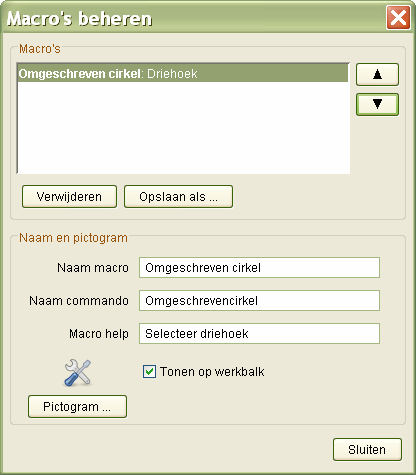 - Naam en pictogram: Hierin geef je de macro een gepaste naam; omgeschreven cirkel. De naam van het commando wordt automatisch ingevuld op basis van de naam van de macro.