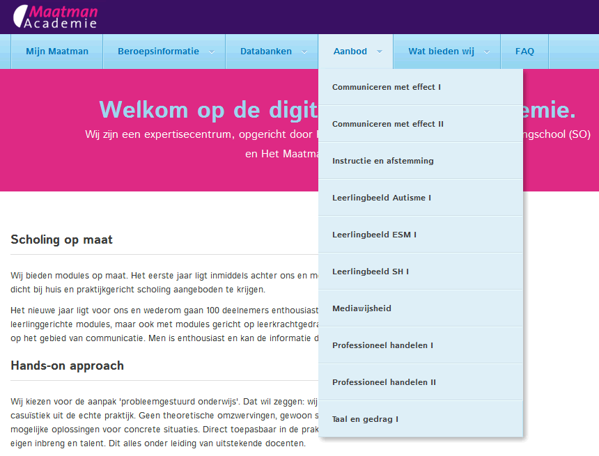 1.4 Aanbod Het tabblad Aanbod (zie rode pijl) biedt een overzicht van alle modules die door de Maatmanacademie worden aangeboden.