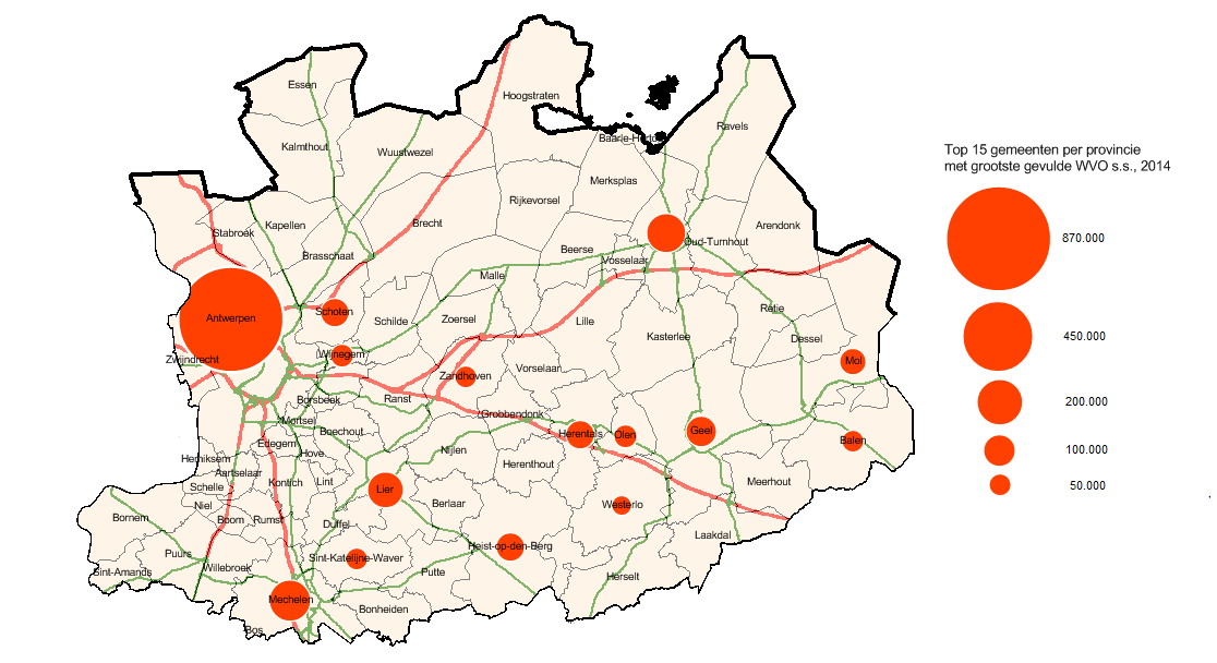 Figuur 20: Top-15 gemeenten in provincie Antwerpen naar winkelvloeroppervlakte (wvo) in 2014 Bron gegevens: