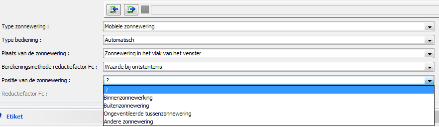 109 In functie van de gekozen rekenmethode vult u bijkomende gegevens aan over de berekeningsmethode van de reductiefactor Fc en van de positie van de zonnewering.