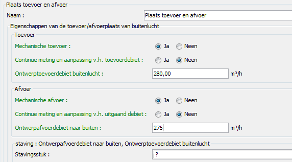 185 o o o bij het veld Mechanische toevoer kiest u Ja ; bij het veld Mechanische afvoer kiest u Ja ; het is mogelijk om een warmteterugwinapparaat in te voeren.