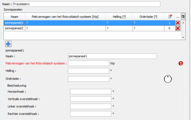 238 Scherm 315 Het invoervenster Fotovoltaïsch systeem Elk paneel waarvan minstens één eigenschap (helling, oriëntatie, beschaduwing, piekvermogen) verschilt, voert u als een apart zonnepaneel in.