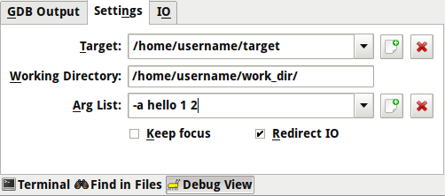 GDB-uitvoer Bevat uitvoer van GDB en een GDB-commandoregel. Instellingen Het tabblad Uitvoer toont de uitvoer van een debug-sessie. Doel Pad naar het doel (uitvoerbaar bestand) voor debugging.
