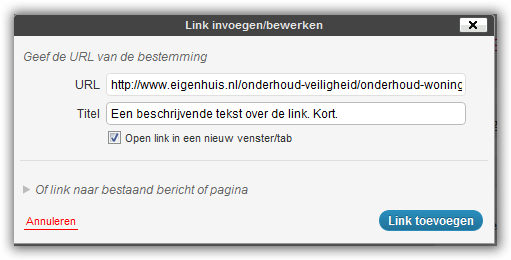 2. Ik selecteer de tekst waar de link aan gekoppeld moet worden. 3. Ik druk op de knop met het schakeltje (link). 4. Ik plak het gekopieerde adres in het eerste veld, en geef een passende korte titel.