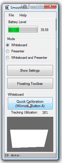 Uiteindelijk wordt de Wii herkend als een HID-apparaat (= Human Interface Device, dus zoals een muis) Het venster van SmoothConnect wordt afgesloten en de Smoothboardinterface wordt gestart.