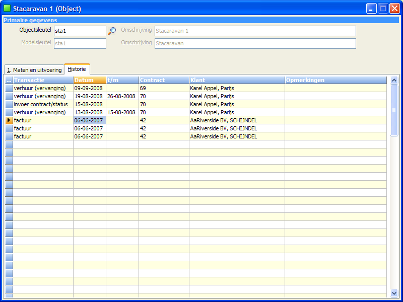 Op het laatste tabblad van het venster wordt de historie van het object getoond : De mogelijke transacties zijn : 0 = factuur 1 = verhuur 2 = verhuur (vervanging) 8 = niet beschikbaar (speciale