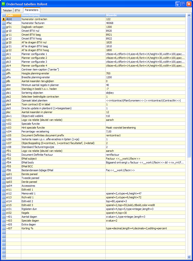 De codes van de diverse parameters worden door de software gedefinieerd, de gebruiker kan